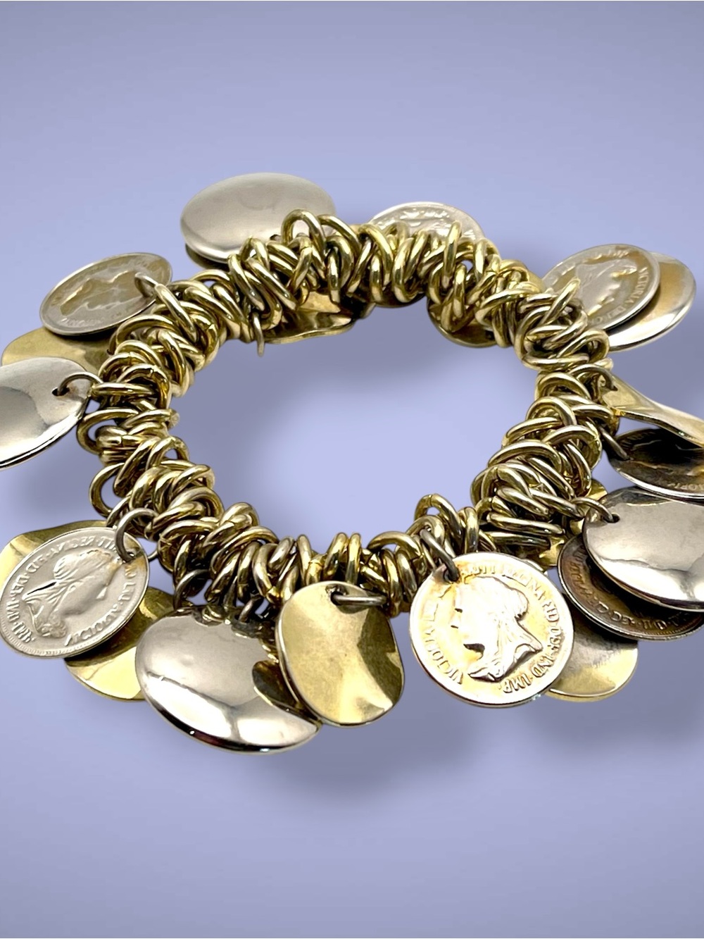 Vintage Byzantine Gold Tone Coin Charm Stretch Bracelet Chunky Statement